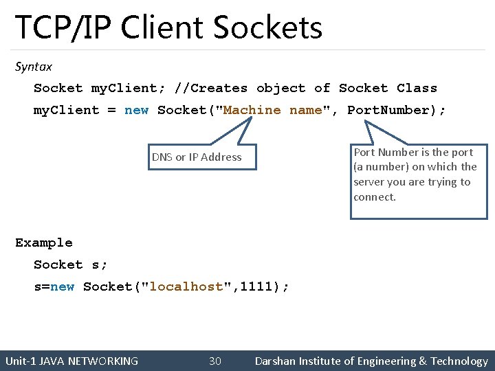 TCP/IP Client Sockets Syntax Socket my. Client; //Creates object of Socket Class my. Client