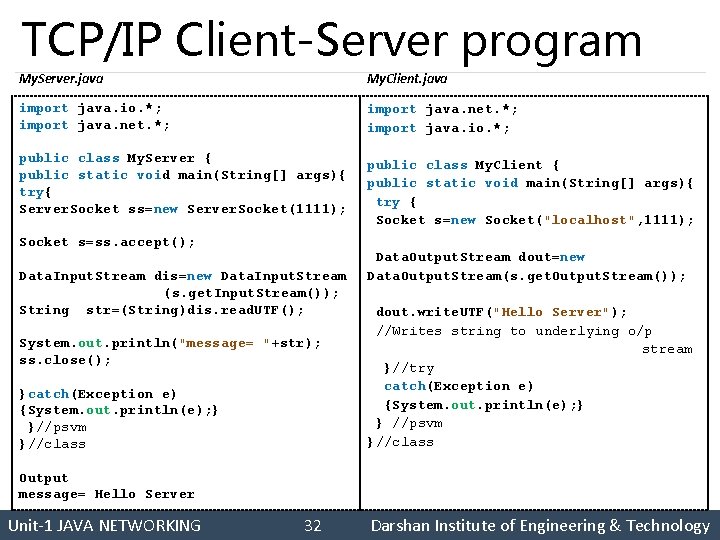 TCP/IP Client-Server program My. Server. java My. Client. java import java. io. *; import