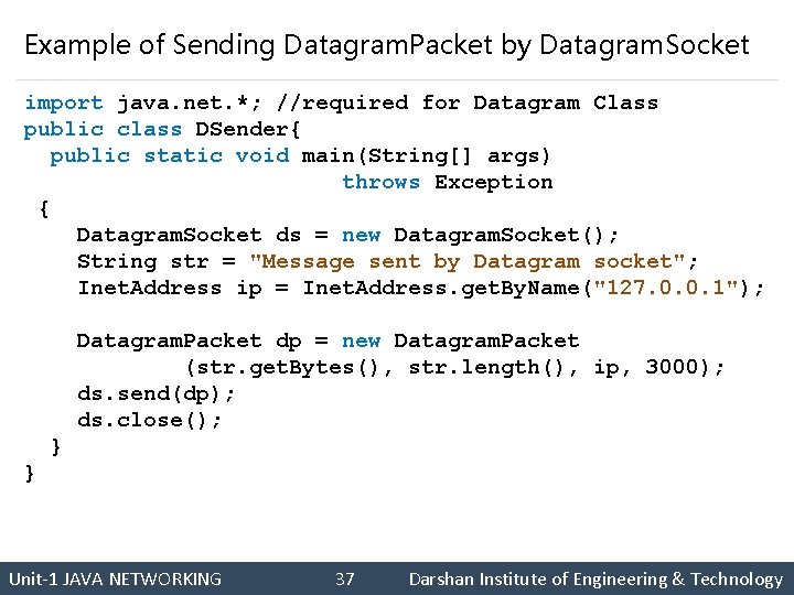 Example of Sending Datagram. Packet by Datagram. Socket import java. net. *; //required for