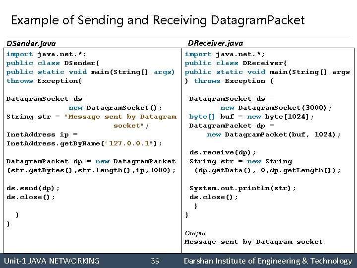 Example of Sending and Receiving Datagram. Packet DReceiver. java DSender. java import java. net.