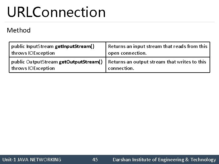 URLConnection Method public Input. Stream get. Input. Stream() throws IOException Returns an input stream