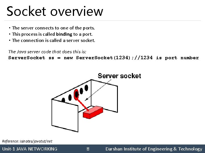 Socket overview • The server connects to one of the ports. • This process