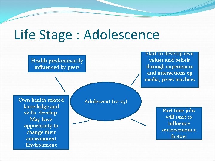 Life Stage : Adolescence Start to develop own values and beliefs through experiences and
