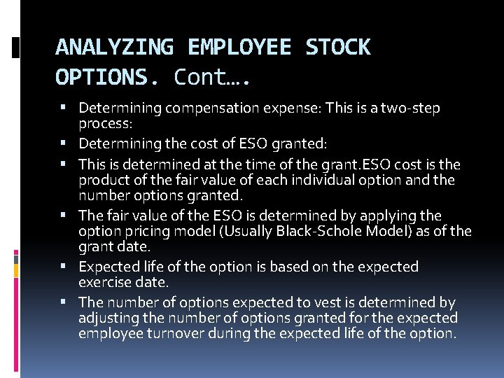 ANALYZING EMPLOYEE STOCK OPTIONS. Cont…. Determining compensation expense: This is a two-step process: Determining ANALYZING EMPLOYEE STOCK OPTIONS. Cont…. Determining compensation expense: This is a two-step process: Determining