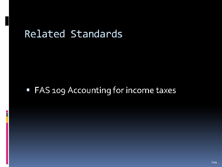 Related Standards FAS 109 Accounting for income taxes 144 Related Standards FAS 109 Accounting for income taxes 144