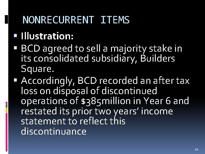 NONRECURRENT ITEMS Illustration: BCD agreed to sell a majority stake in its consolidated subsidiary, NONRECURRENT ITEMS Illustration: BCD agreed to sell a majority stake in its consolidated subsidiary,