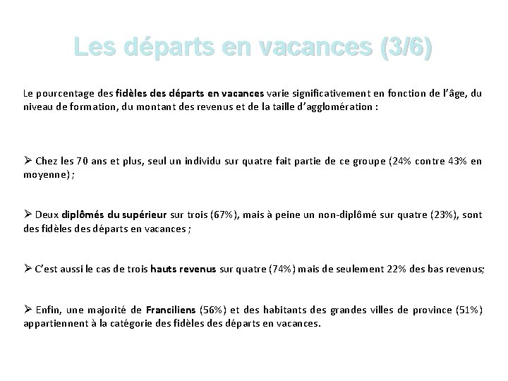 Les départs en vacances (3/6) Le pourcentage des fidèles départs en vacances varie significativement