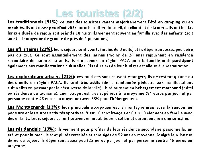 Les touristes (2/2) Les traditionnels (31%): ce sont des touristes venant majoritairement l'été en