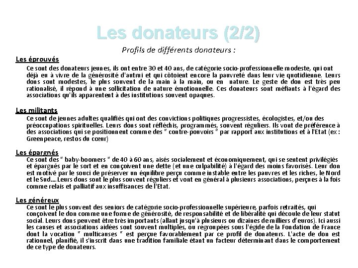 Les donateurs (2/2) Les éprouvés Profils de différents donateurs : Ce sont des donateurs