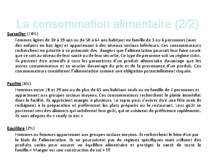 La consommation alimentaire (2/2) Surveiller (10%) Femmes âgées de 30 à 39 ans ou