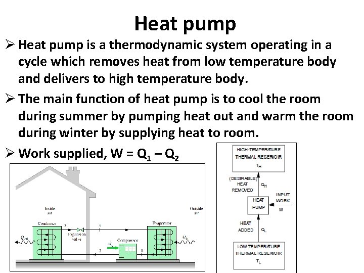 Heat pump Ø Heat pump is a thermodynamic system operating in a cycle which