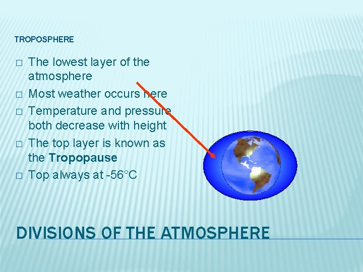 TROPOSPHERE � � � The lowest layer of the atmosphere Most weather occurs here