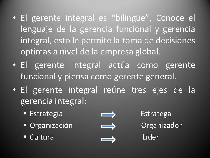  • El gerente integral es “bilingüe”, Conoce el lenguaje de la gerencia funcional