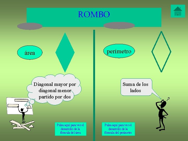 ROMBO perímetro área Diagonal mayor por diagonal menor partido por dos Pulsa aquí para