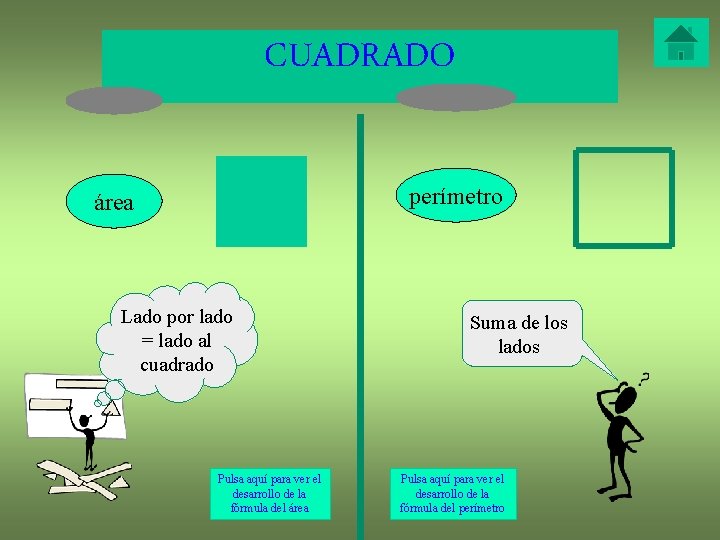 CUADRADO perímetro área Lado por lado = lado al cuadrado Pulsa aquí para ver