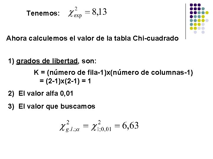 Tenemos: Ahora calculemos el valor de la tabla Chi-cuadrado 1) grados de libertad, son: