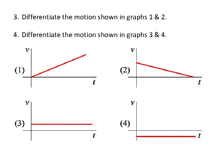 3. Differentiate the motion shown in graphs 1 & 2. 4. Differentiate the motion