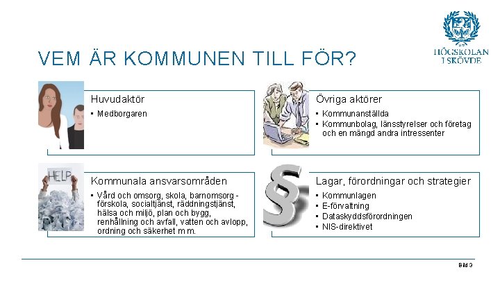 VEM ÄR KOMMUNEN TILL FÖR? Huvudaktör Övriga aktörer • Medborgaren • Kommunanställda • Kommunbolag,