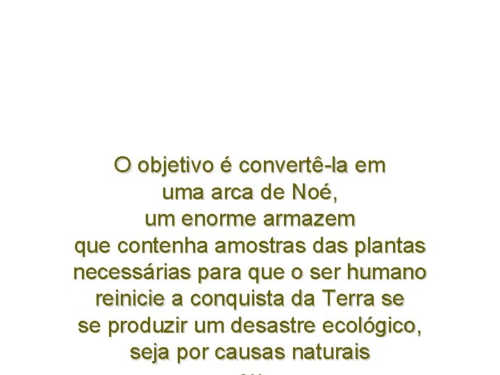 O objetivo é convertê-la em uma arca de Noé, um enorme armazem que contenha O objetivo é convertê-la em uma arca de Noé, um enorme armazem que contenha