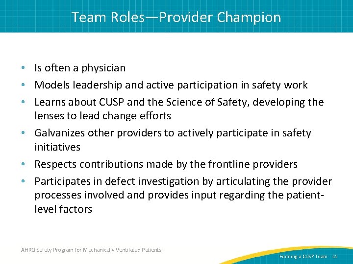 Team Roles—Provider Champion • Is often a physician • Models leadership and active participation