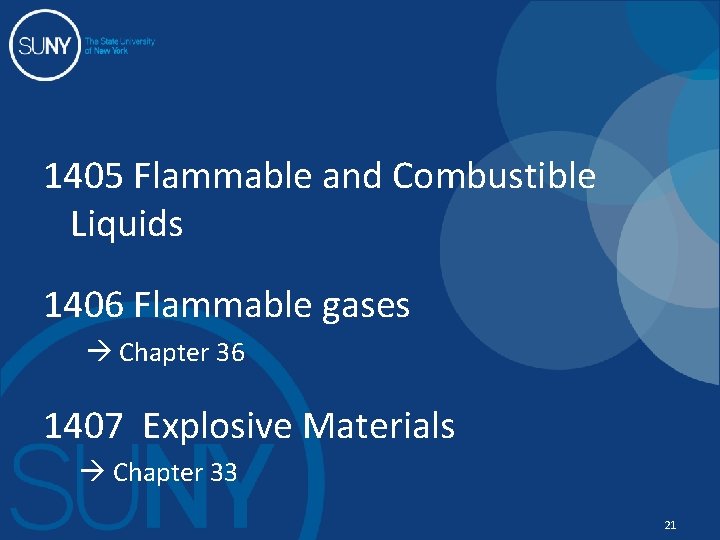 1405 Flammable and Combustible Liquids 1406 Flammable gases Chapter 36 1407 Explosive Materials Chapter