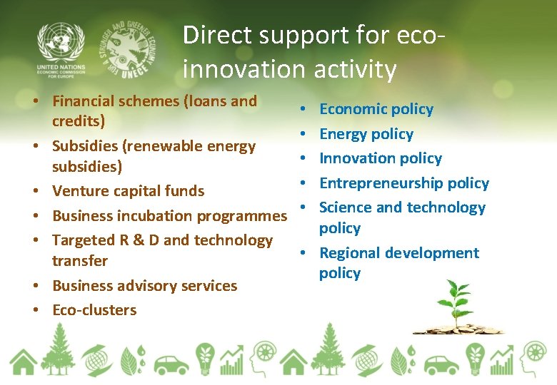 Direct support for ecoinnovation activity • Financial schemes (loans and credits) • Subsidies (renewable