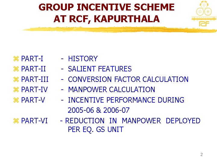 GROUP INCENTIVE SCHEME AT RCF, KAPURTHALA z PART-III z PART-IV z PART-VI - HISTORY