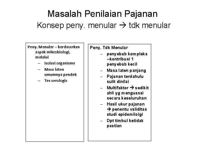 Masalah Penilaian Pajanan Konsep peny. menular tdk menular Peny. Menular – berdasarkan aspek mikrobiologi,