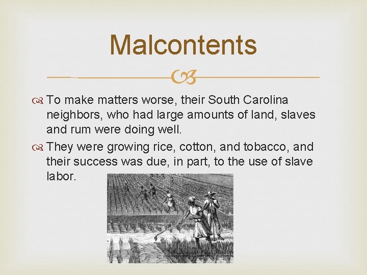 Malcontents To make matters worse, their South Carolina neighbors, who had large amounts of