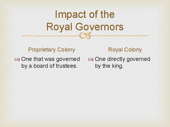 Impact of the Royal Governors Proprietary Colony One that was governed by a board