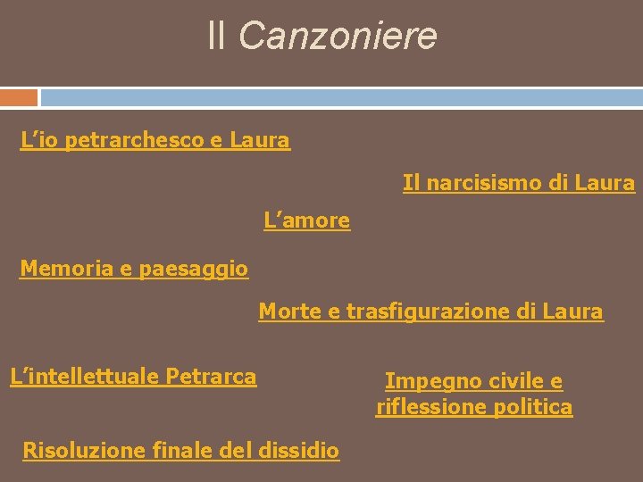 Il Canzoniere L’io petrarchesco e Laura Il narcisismo di Laura L’amore Memoria e paesaggio