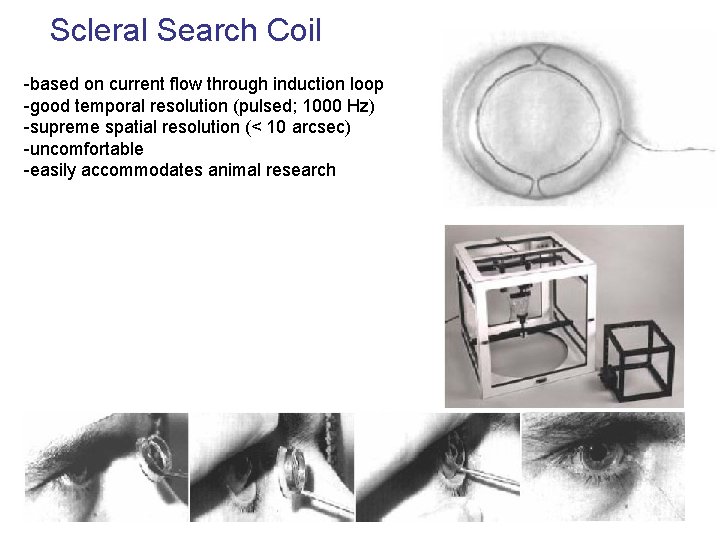 Scleral Search Coil -based on current flow through induction loop -good temporal resolution (pulsed; Scleral Search Coil -based on current flow through induction loop -good temporal resolution (pulsed;