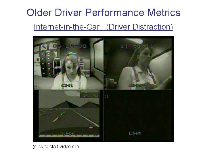 Older Driver Performance Metrics Internet-in-the-Car (Driver Distraction) (click to start video clip) Older Driver Performance Metrics Internet-in-the-Car (Driver Distraction) (click to start video clip)