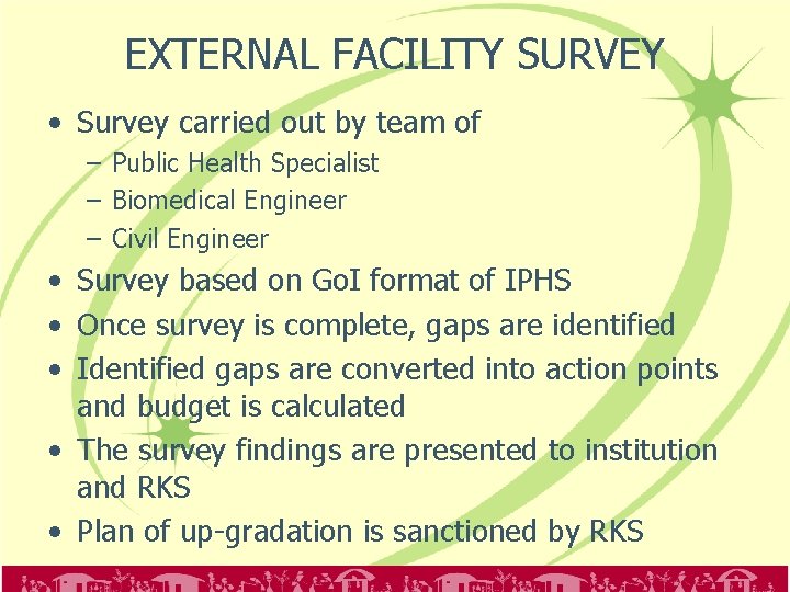 EXTERNAL FACILITY SURVEY • Survey carried out by team of – Public Health Specialist