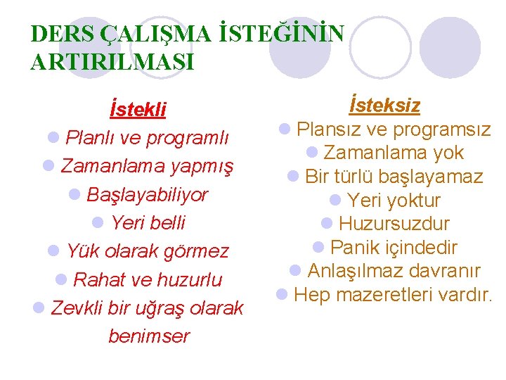 DERS ÇALIŞMA İSTEĞİNİN ARTIRILMASI İstekli l Planlı ve programlı l Zamanlama yapmış l Başlayabiliyor