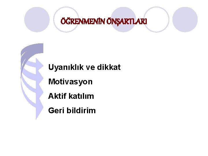 ÖĞRENMENİN ÖNŞARTLARI Uyanıklık ve dikkat Motivasyon Aktif katılım Geri bildirim ÖĞRENMENİN ÖNŞARTLARI Uyanıklık ve dikkat Motivasyon Aktif katılım Geri bildirim