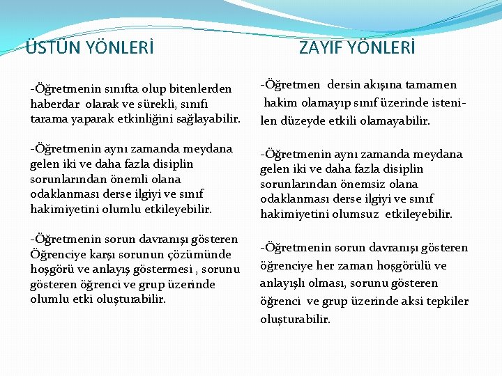 ÜSTÜN YÖNLERİ ZAYIF YÖNLERİ -Öğretmenin sınıfta olup bitenlerden haberdar olarak ve sürekli, sınıfı tarama