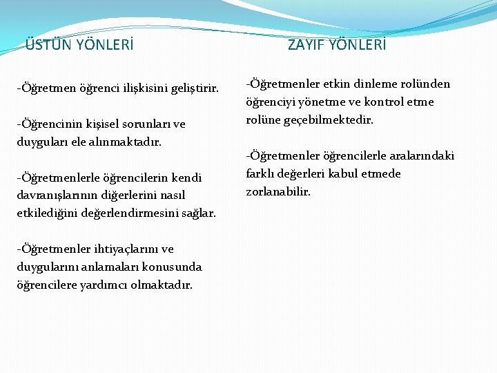 ÜSTÜN YÖNLERİ -Öğretmen öğrenci ilişkisini geliştirir. -Öğrencinin kişisel sorunları ve duyguları ele alınmaktadır. -Öğretmenlerle