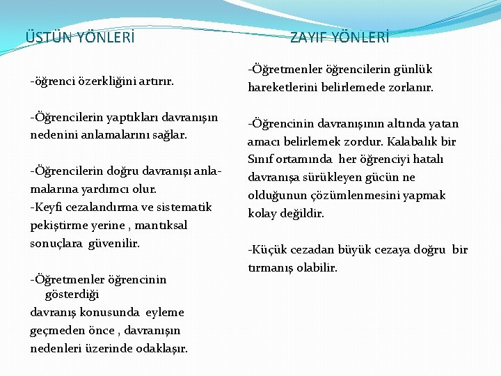 ÜSTÜN YÖNLERİ -öğrenci özerkliğini artırır. -Öğrencilerin yaptıkları davranışın nedenini anlamalarını sağlar. -Öğrencilerin doğru davranışı