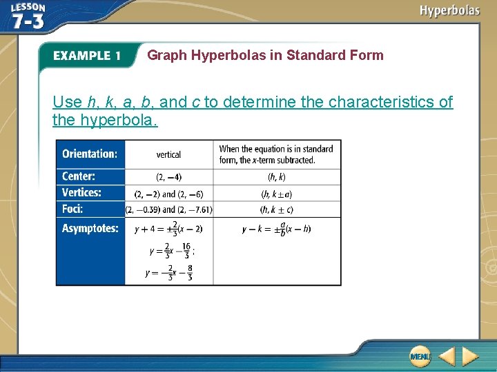 Graph Hyperbolas in Standard Form Use h, k, a, b, and c to determine