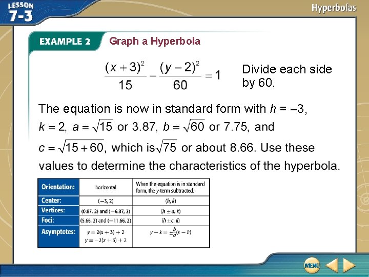 Graph a Hyperbola Divide each side by 60. The equation is now in standard