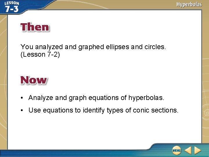 You analyzed and graphed ellipses and circles. (Lesson 7 -2) • Analyze and graph