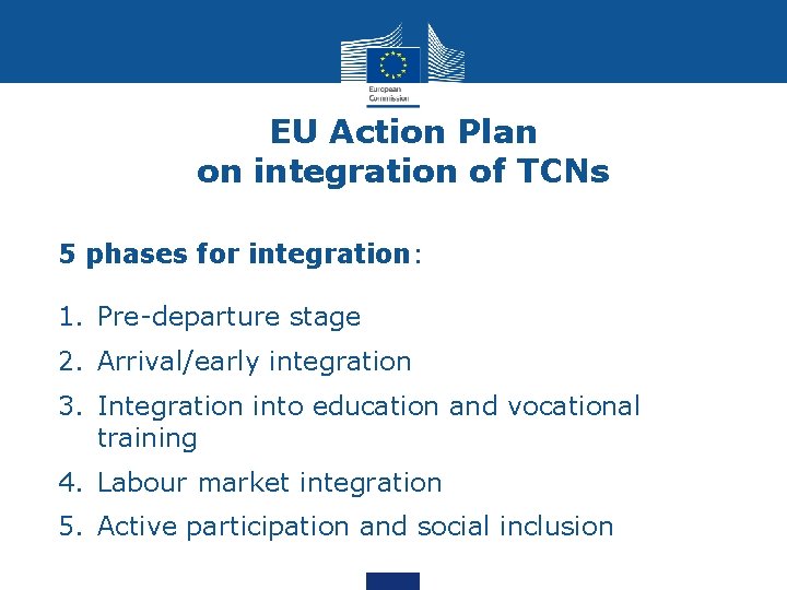 EU Action Plan on integration of TCNs 5 phases for integration: 1. Pre-departure stage