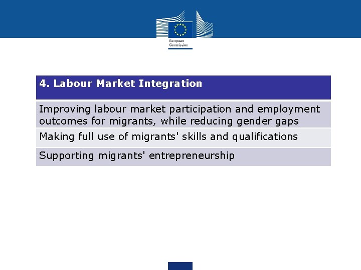 4. Labour Market Integration Improving labour market participation and employment outcomes for migrants, while