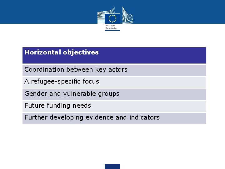 Horizontal objectives Coordination between key actors A refugee-specific focus Gender and vulnerable groups Future