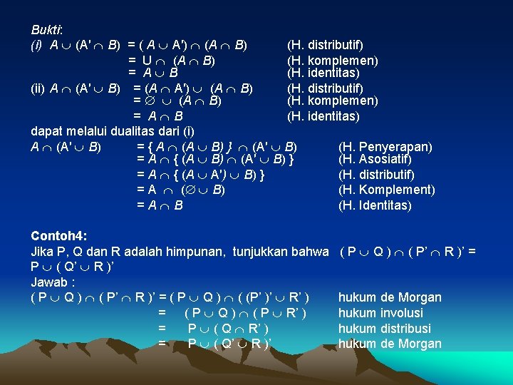 Bukti: (i) A (A′ B) = ( A A′) (A B) (H. distributif) =