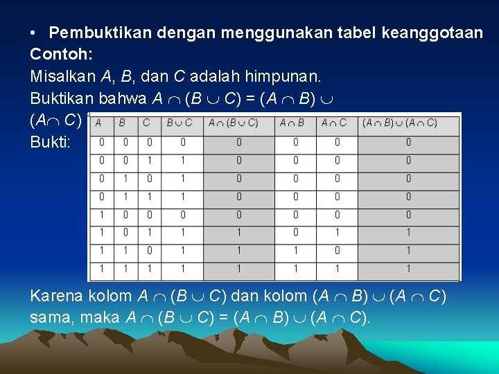  • Pembuktikan dengan menggunakan tabel keanggotaan Contoh: Misalkan A, B, dan C adalah