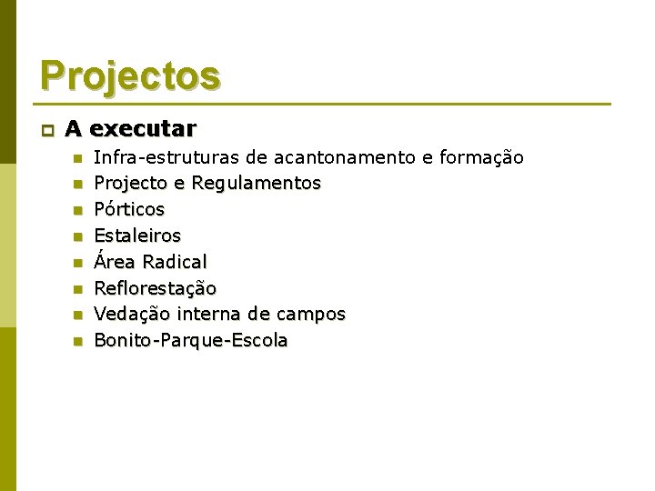 Projectos p A executar n n n n Infra-estruturas de acantonamento e formação Projecto