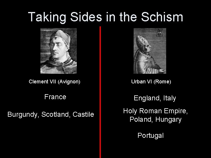 Taking Sides in the Schism Clement VII (Avignon) France Burgundy, Scotland, Castile Portugal Urban