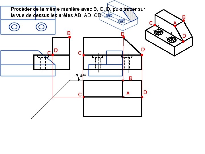 Procéder de la même manière avec B, C, D, puis tracer sur la vue